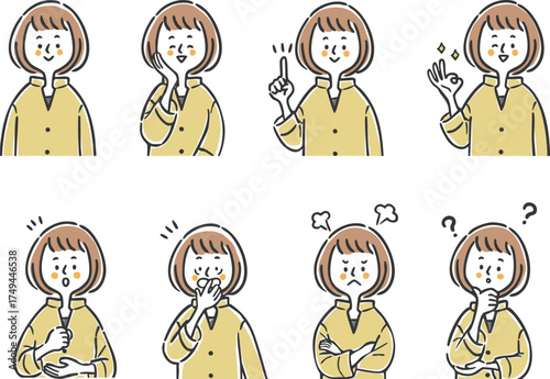 いろんな表情の女性イラストセット　上半身　ベクター

