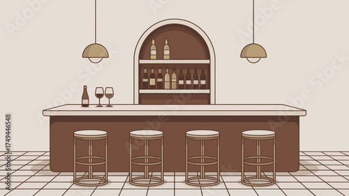 A cartoon bar with stools and bottles on shelves in a light brown and cream color scheme design style