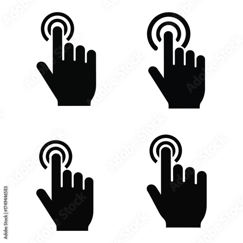 Collection of four black silhouette hand pointer icons indicating user interaction and digital selection actions silhouette