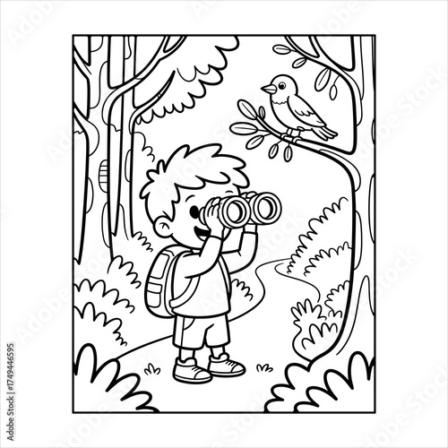 Boy Birdwatching Coloring Page, Kids Forest Adventure Vector Line Art, Nature Explorer Coloring Page for Kids, Boy with Binoculars and Bird Outline Vector, Cute Boy Bird Watching Coloring Page.