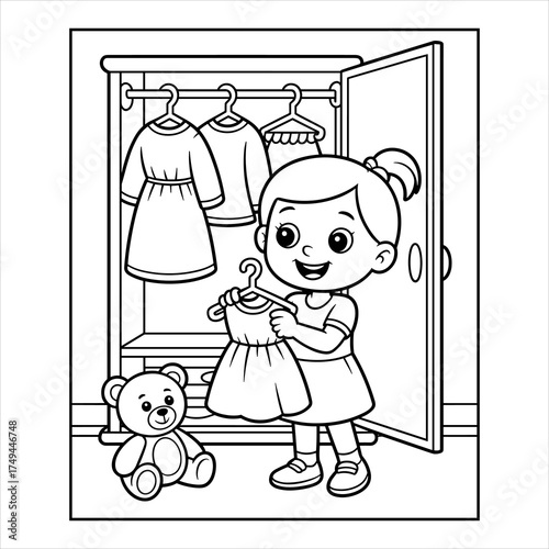 Girl Choosing Dress Coloring Page, Cute Kids Wardrobe Vector Illustration, Little Girl Dressing Up Coloring Page, Closet and Outfit Outline Vector for Kids, Cute Girl Picking Dress Coloring Page.
