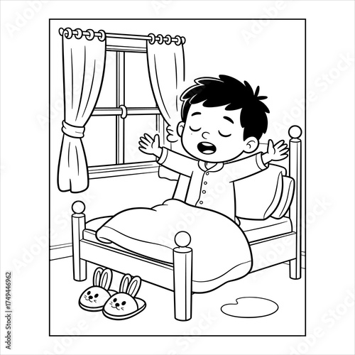 Boy Waking Up Coloring Page, Morning Routine Kids Bedroom Vector Illustration, Good Morning Coloring Page, Cute Boy Stretching in Bed Outline Vector for Kids,  Sleeping and Waking Up Boy Coloring Page