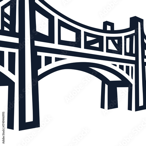 Stylized graphic illustration of a suspension bridge with strong lines and geometric shapes.
