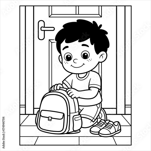 Boy Packing School Bag Coloring Page, Back to School Kids Vector Illustration, Back to School Coloring Page, Cute Boy with Backpack Outline Vector for Kids, Boy with Backpack Coloring Page.