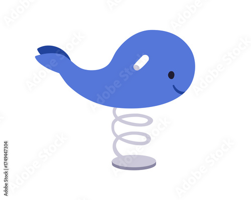 Spring rider, rocker. Whale fish on coil, playground equipment. Funny rocking bouncing animal, kids toy. Outdoor amusement, entertainment. Flat vector illustration isolated on white background.