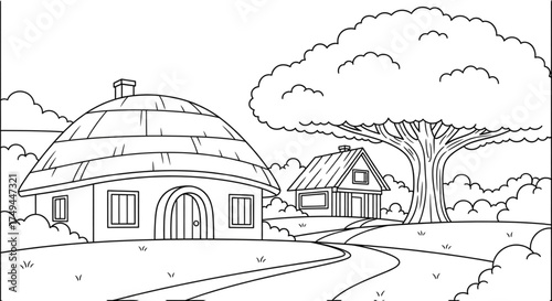 Black and white coloring page of a peaceful village scene with a round thatched house, a smaller home, a large tree, and a winding path.
