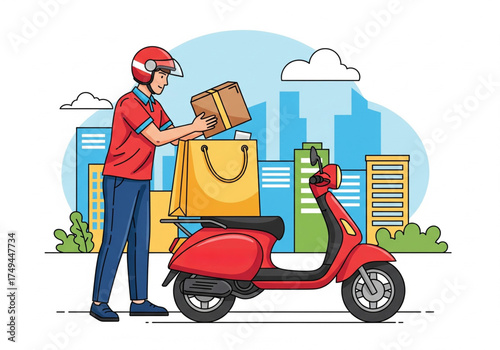 Delivery man in red helmet puts package into shopping bag by red scooter. Flat illustration of urban courier service.
