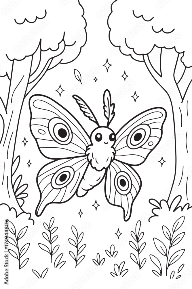 Naklejka premium Cute Moth Forest Coloring Page