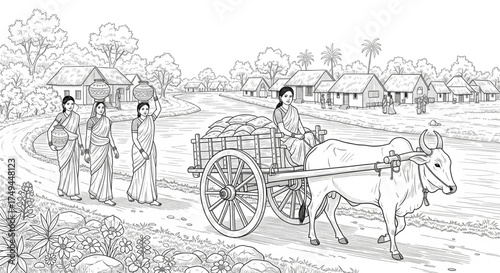 Rural Indian village life line art drawing. Women carry water pots, ox cart on dirt road, traditional village scene.