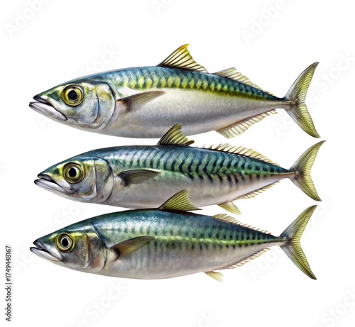 Three mackerel fish swimming together isolated sea food aquatic marine life ocean animal collection