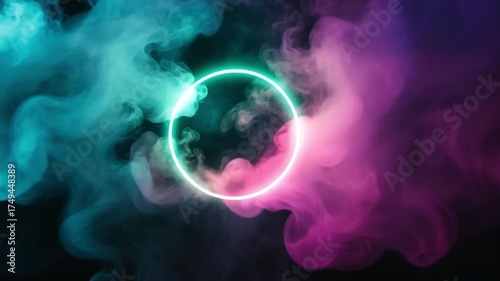 Vibrant neon circle glowing amidst colorful clouds of ethereal smoke
