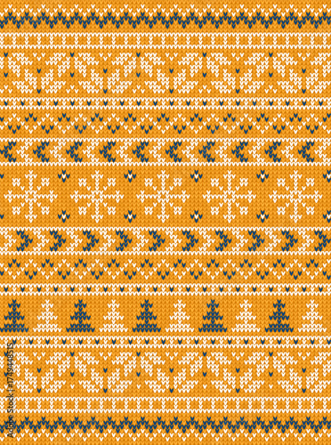 Fair Isle Knitted Pattern, Cozy Nordic Winter Texture. Scandinavian Christmas Sweater Seamless Design, White, Blue, Yellow Knit. Cozy Winter Fair Isle Background, Knitted Pattern Vector Illustration