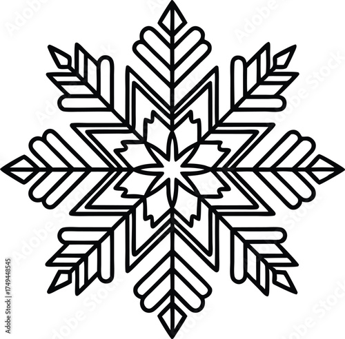 Christmas Snowflake Line Art, Minimalist Winter Snow Crystal Vector - Holiday, Wedding, Seasonal Design