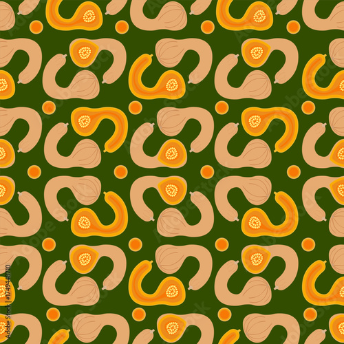 Seamless pattern with Dutch Crookneck Squash or Pennsylvania Dutch crookneck. Winter squash. Vegetables. Flat style. Isolated vector illustration.