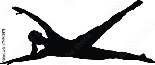 Silhouette woman performing pilates side stretch exercise for flexibility, strength, and core balance isolated vector illustration design