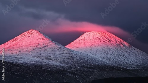 Dramatic Peaks, Snow-Capped Mountains Bathed in Intense Pink Light