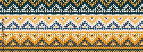 Fair Isle Knitted Pattern, Cozy Nordic Winter Texture. Scandinavian Christmas Sweater Seamless Design, White, Blue, Yellow Knit. Cozy Winter Fair Isle Background, Knitted Pattern Vector Illustration