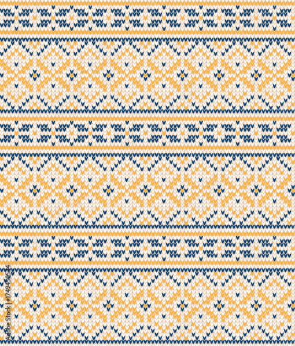 Fair Isle Knitted Pattern, Cozy Nordic Winter Texture. Scandinavian Christmas Sweater Seamless Design, White, Blue, Yellow Knit. Cozy Winter Fair Isle Background, Knitted Pattern Vector Illustration