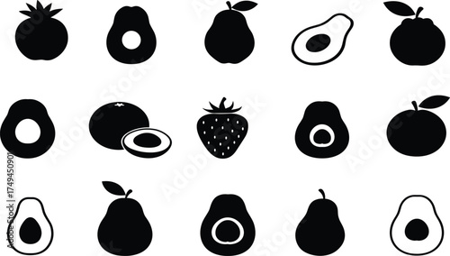 Healthy fruit silhouette pattern illustration with avocado, pear, strawberry, pomegranate, and citrus icons for organic nutrition concept