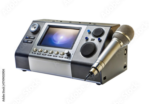 Modern karaoke machine with microphone displaying music ready for singing fun