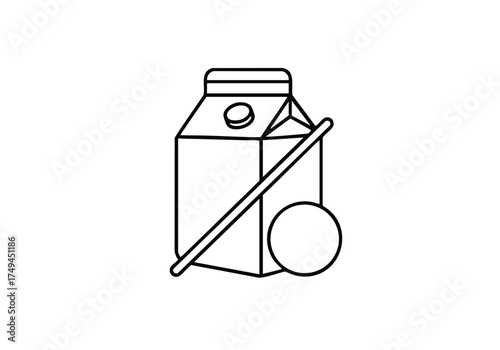 Minimalist line drawing of a milk carton with a crossed-out circle for dietary restrictions and food sensitivities, perfect for health and wellness themes