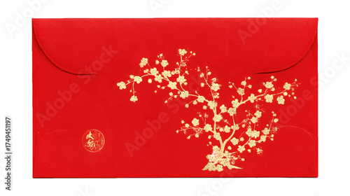A red envelope featuring a gold embossed cherry blossom tree design