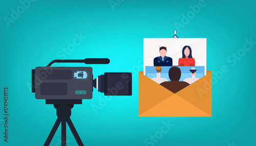 Digital illustration showing a video camera pointed at an open envelope with a virtual meeting invitation card inside.