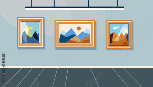 Three framed landscape paintings hang on a light blue wall in an art gallery, illuminated by a modern light fixture above.