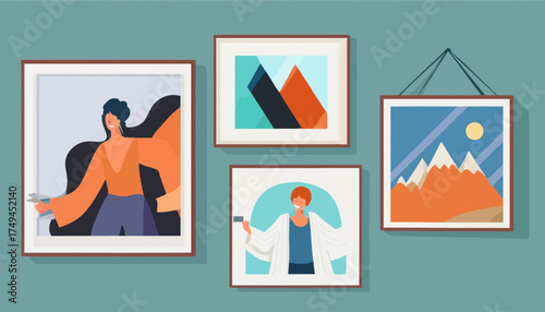 Four framed artworks hang on a teal wall, depicting a woman, abstract shapes, a man painting, and a landscape with mountains and a sun.