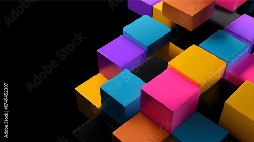 A vibrant arrangement of 3d cubes in various colors including black, red, yellow, blue, and orange, creating a modern abstract background