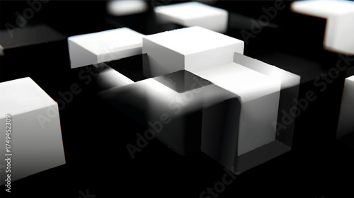 A close-up view of a complex arrangement of glossy black cubes, creating a modern abstract background with depth and texture