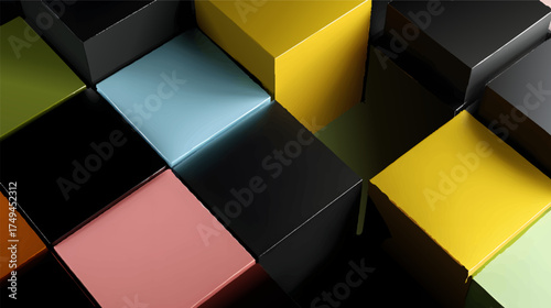 A vibrant arrangement of 3d cubes in various colors including black, red, yellow, blue, and orange, creating a modern abstract background