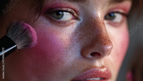 Stunning close-up of a woman applying vibrant pink blush for a modern beauty look, showcasing youthful skin and makeup trends for beauty and lifestyle brands