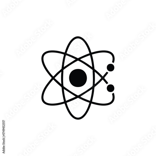 Illustrative atom diagram in black and white for educational resources and scientific presentations, perfect for explaining nuclear physics concepts