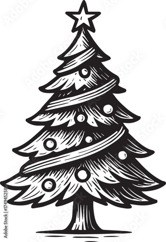 A timeless Christmas tree illustration, meticulously drawn, evokes a sense of festive charm. A star graces the top, adding a touch of holiday magic. This artwork embodies the spirit of the season.