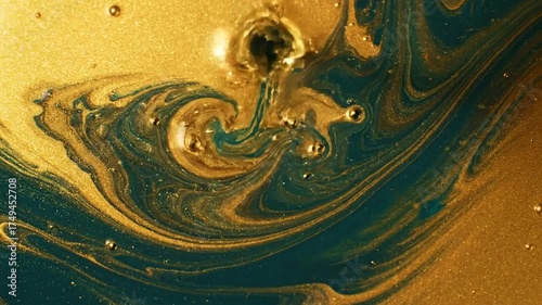 Golden liquid swirls with emerald hues abstract background texture