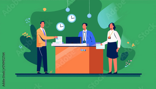 Business people at a reception desk interacting with a clerk, handing over documents for service.