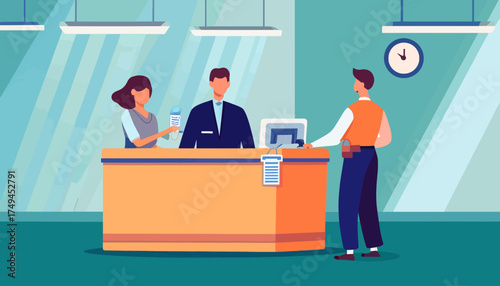 Bank employees, a man and a woman, assisting a male customer at a service counter in a modern office.