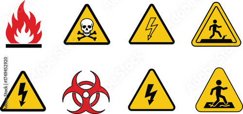 Set of yellow hazard warning signs including fire, biohazard, electric shock, toxic, and slippery floor symbols for safety illustrations.