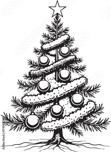 A meticulously crafted festive tree adorned with sparkling ornaments and a radiant star, embodying the spirit of the holiday season in a heartwarming illustration.
