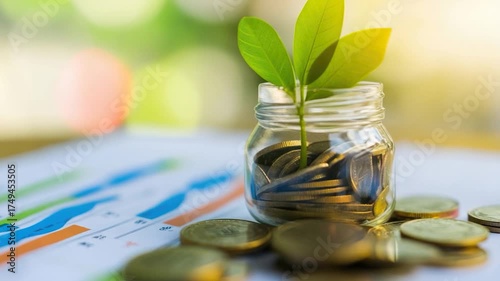 A jar filled with coins with a small plant growing out of it, illustration of unexpected growth