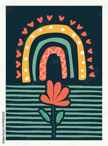 Vintage rainbow print with floral detail, retro folk bohemian wall poster, cozy modern nursery art