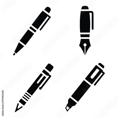 Set of four silhouette icons representing ballpoint pen fountain pen marker pen and pencil for writing and drawing silhouette