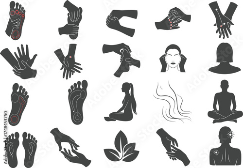 Foot Massage and Reflexology Icon Collection Vector, Spa and Wellness Silhouettes, Flat Therapy and Relaxation Illustrations