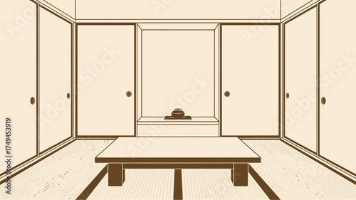 A minimalist illustration of a japanese room with tatami mats and sliding doors and a small table in front