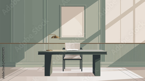 A minimalist room with a desk chair lamp and picture frame bathed in sunlight creating long shadows