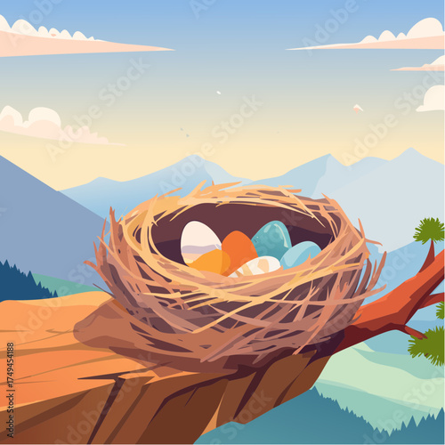 Bird nest with colorful eggs on cliff