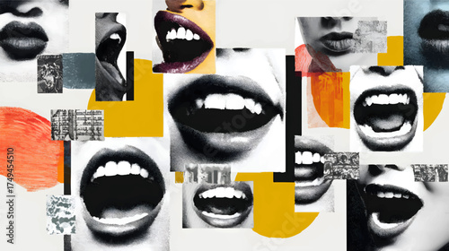 A collage of open mouths with red lips, showcasing various expressions and angles, set against a textured background