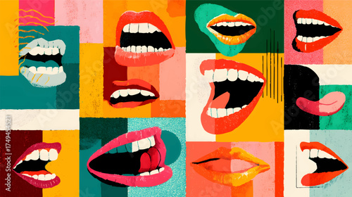 A vibrant abstract illustration featuring multiple stylized mouths in various colors and expressions, conveying emotions and communication
