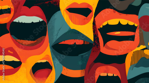 A vibrant abstract illustration featuring multiple stylized mouths in various colors and expressions, conveying emotions and communication